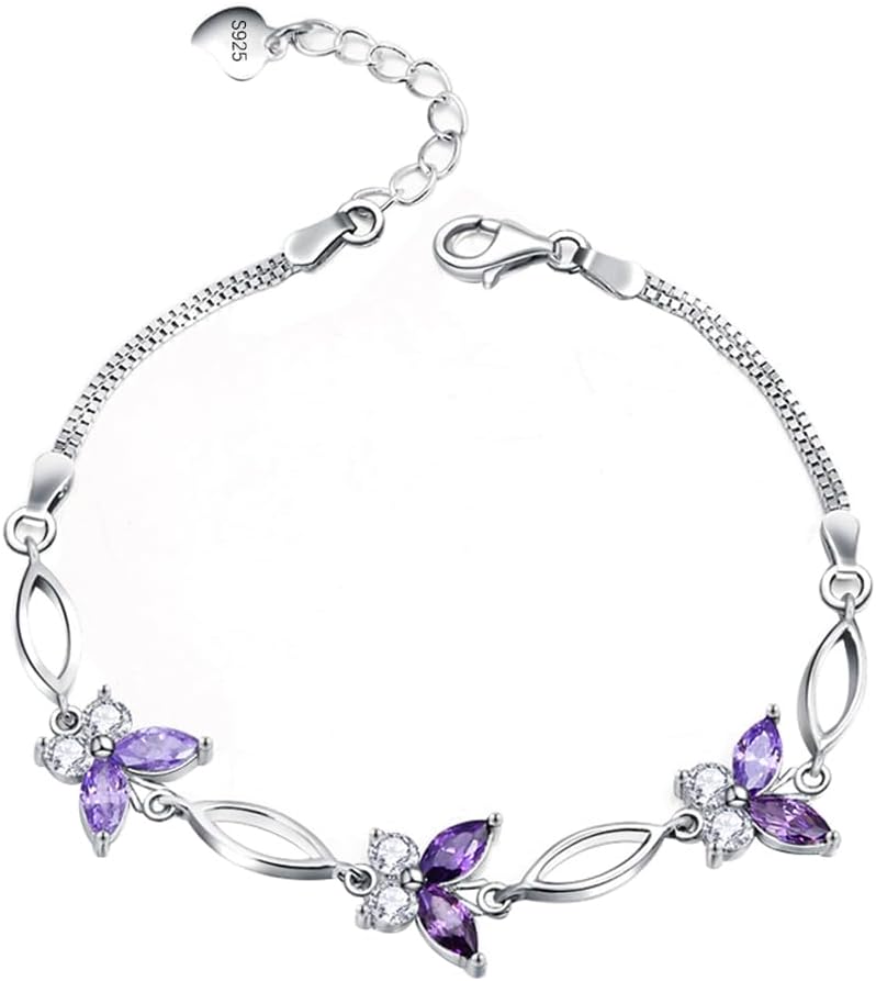 Gifts for Women S925 Sterling Silver Purple Butterfly Bracelet,Adjustable Charm Bracelets Jewelry Present for Women,Anniversary Holiday Christmas Birthday Gifts for Mother Wife Daughter