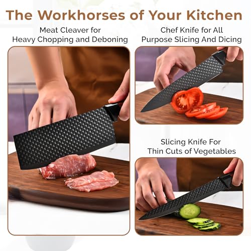 Image of HomeEssentials 5pc Diamond Kitchen Knife Set - Ultra-Sharp Non-Stick Textured Blades - Stainless Steel Chef, Cleaver & Paring Knives - Ergonomic Wood-Grain Handles, Shears & Universal Block Holder