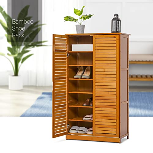 Monibloom Tall Shoe Storage Cabinet With Double Shutter Doors, Bamboo Shelf Stand Organizer Rack For 21-25 Pairs Entryway Hallway Bedroom, Brown #TOP7