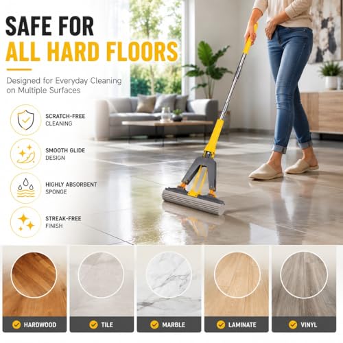 Image of Self Wring Butterfly Sponge Mop for Floor Cleaning | Self Wringing PVA Sponge Mop with Stainless Steel Handle | High Water Absorption | Wet & Dry Cleaning - Kitchen, Bathroom & Tiles