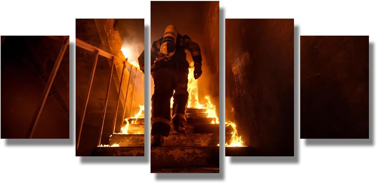 Fire Fighter Wall Art Fire Fighter Spraying a Straight Steam into Fire Wall Art for Living Room Firefighter Wall Paintings 5 Piece Canvas Home Decor Artwork Framed Stretched Ready to Hang 20X40 INCH