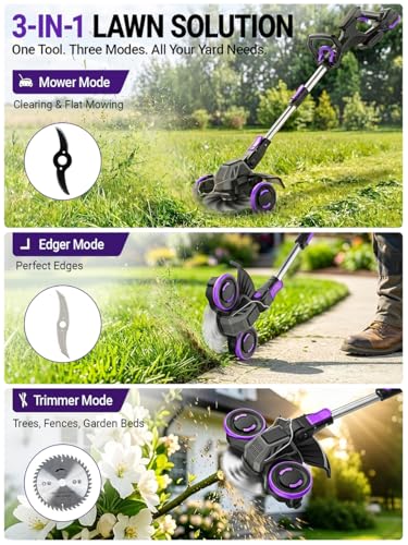 Image of Cordless Weed Wacker, GearBrushless Motor, 20V 5.2Ah Battery Powered, 3 in 1 Edger /Mower /Trimmer with Metal Blade (5.2A Battery Pack)
