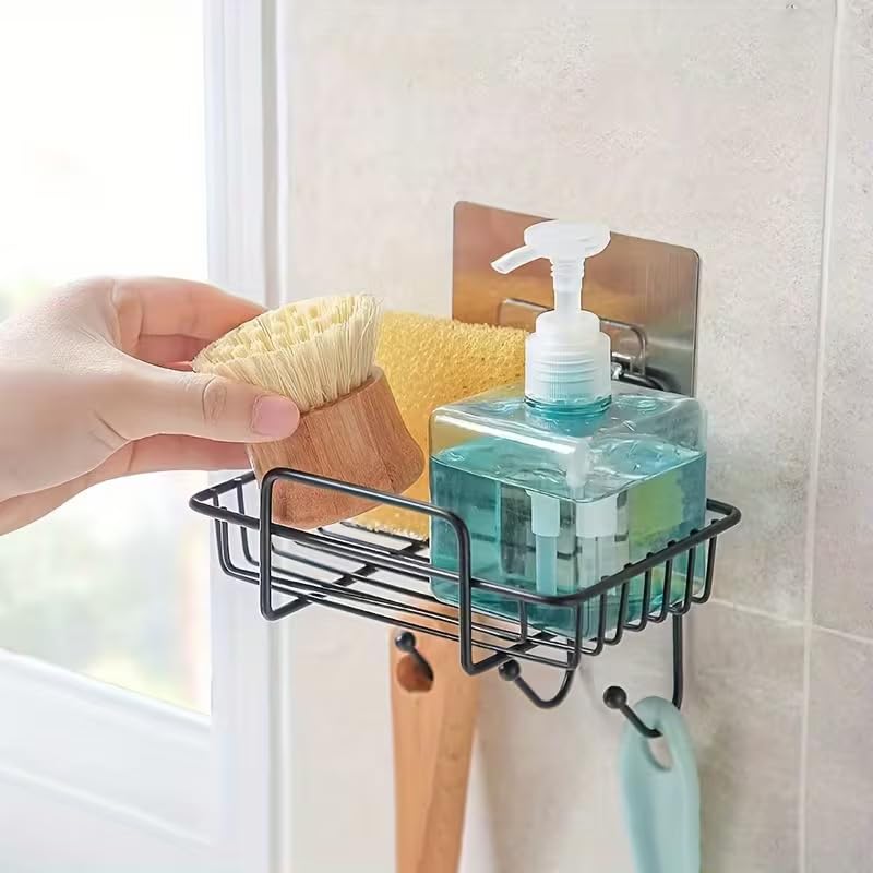 Image of Wall Mounted Soap Dish with Hooks, Self Adhesive Soap Holder for Bathroom & Kitchen, Rustproof Metal Soap Rack with Drain Design, No Drill Soap Tray Organizer for Shower, Black