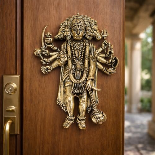 Image of The Spiritual Living Brass Finecrafted Panchmukhi Hanuman for Door Entrance | 4 Inch | Idol - Murti | Wall Hanging | Statue | Wall Decor | Pital Panchmukhi Hanuman Murti |