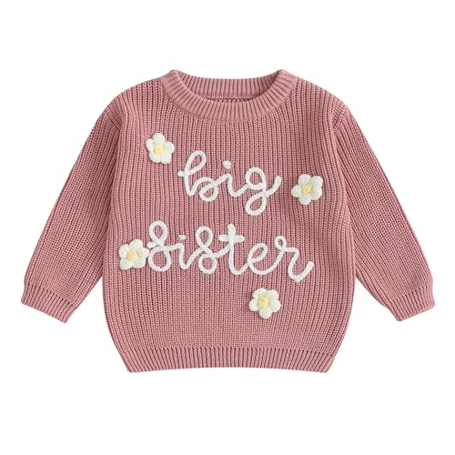 Geagodelia Big Sister Knitted Jumper Toddler Infant Girl Embroidered Letter Flower Sweater Top Spring Fall Winter Outfit Clothes (Dark Pink 2-3 Years)