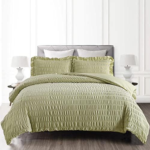 Seersucker Plain Duvet Cover Sage Green Bedding Set Ease Care Soft Microfiber Quilt Cover with Zipper Closure for Kids Teens Adults King Size 3PCs 230 x 220cm