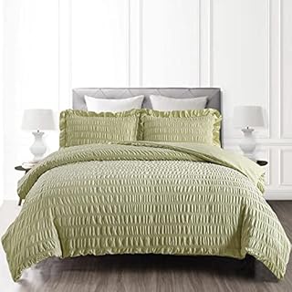 Seersucker Plain Duvet Cover Sage Green Bedding Set Ease Care Soft Microfiber Quilt Cover with Zipper Closure for Kids Teens Adults King Size 3PCs 230 x 220cm
