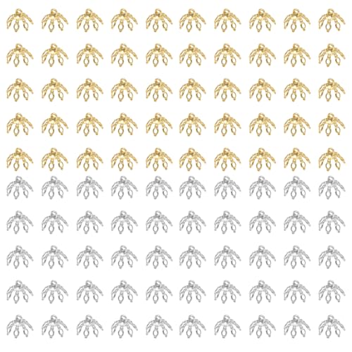 Flower Bead Caps, 50Pcs Copper Alloy Bead End Caps Silver/Gold for Necklace, Earrings, Bracelets, DIY Crafts, Jewelry Making