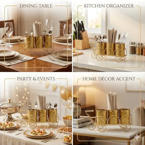 Image of Metal 3-Compartment Cutlery & Tissue Holder | Galvanized Gold Finish Spoon Fork Stand for Dining Table & Kitchen | Multi-Purpose, cutlery set for dining table , Forks, Knives & Napkins,cutlery holder