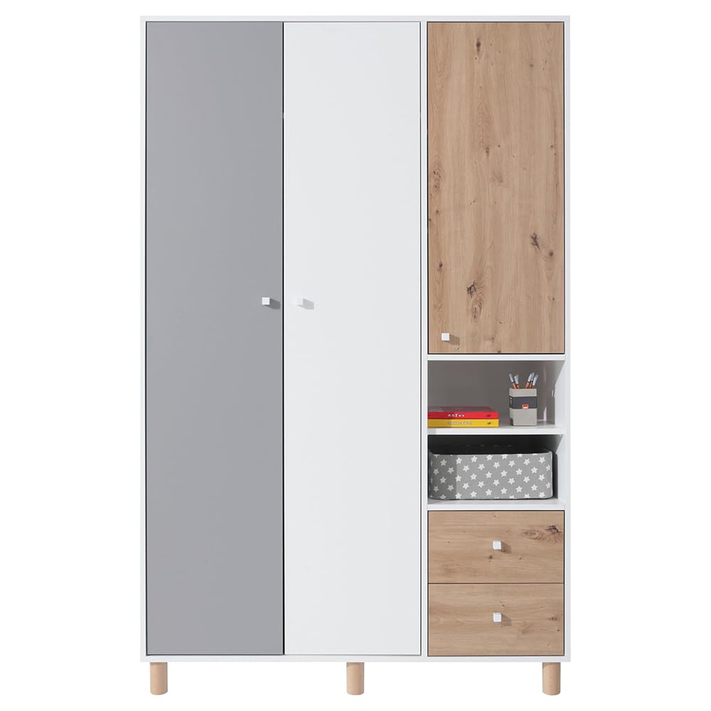 Lomadox Jugendzimmer Set 2-teilig mit 1 Kleiderschrank, 1 Kommode in weiß mit Eiche und grau