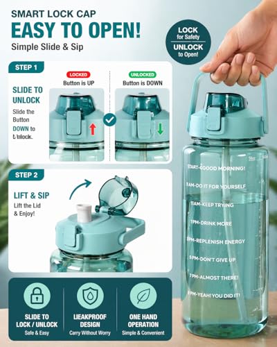 Image of Motivational Water Bottle 2 Litre with Time Marker | Leak Proof BPA Free Gym Bottle | Sports Drinking Bottle with Straw & Handle for Office, Gym, School (green)