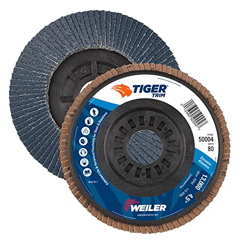 Image of Weiler 50004 Tiger 7 /8 inch Arbor, 4-1 /2 inch Diameter, 80 Grit, Zirconium, Trimmable Composite Backing, Angled Abrasive Flap Disc