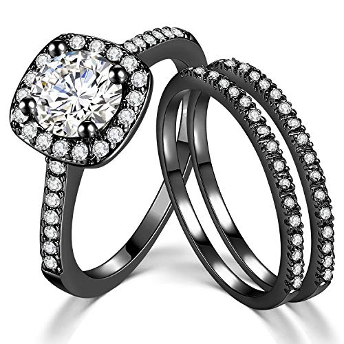 Ahloe Jewelry 18k Gold Plated Black Wedding Rings for Women Engagement Bands Bridal Set Halo Round 2.0Ct Cz Size 8