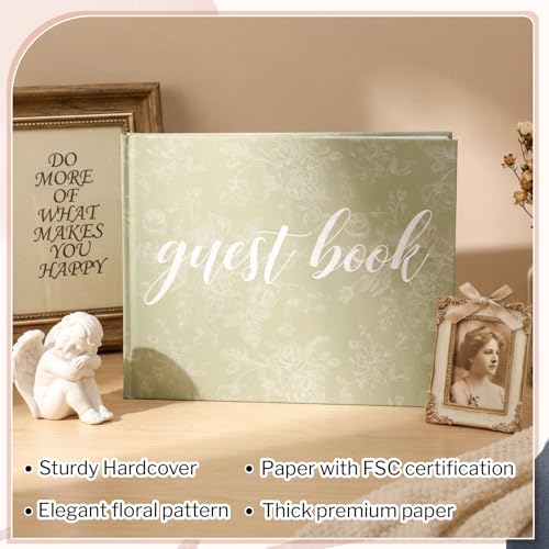 Image of Engrowtic 7 x 9 Inches Floral Guest Book with Pen Hardcover Guestbook Registry Book for Wedding Bridal Shower Baby Shower Graduation Birthday Funeral Anniversary Reception, 50 Sheets 100 Pages (Green)