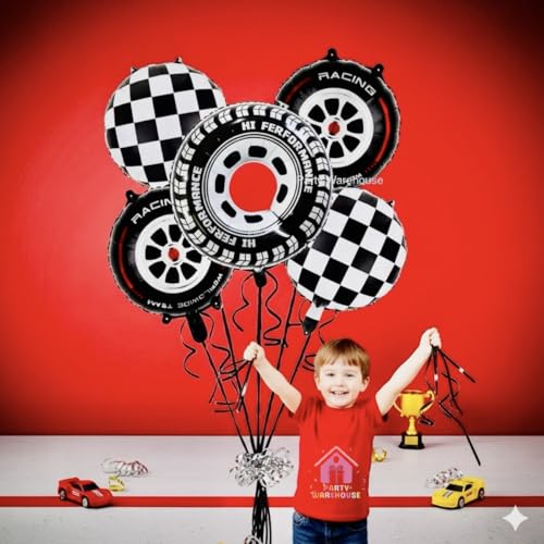 Image of Party Warehouse Racing Car Balloon Set for Birthday - 5 Pieces | Race Car Theme Foil Balloons for Race Lovers | Tyre & Checkered Flag Balloons for Kids /Adults Party Decorations (Tyres Set)