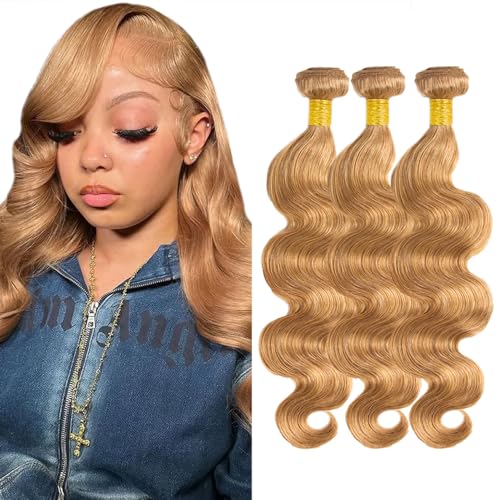 27 Honey Blonde Bundles Human Hair Body Wave Bundles 20 22 24 Inch Unprocessed Brazilian Virgin Remy Hair 3 Bundle Blonde Body Wave Human Hair Extensions 50 Gram Per Bundle