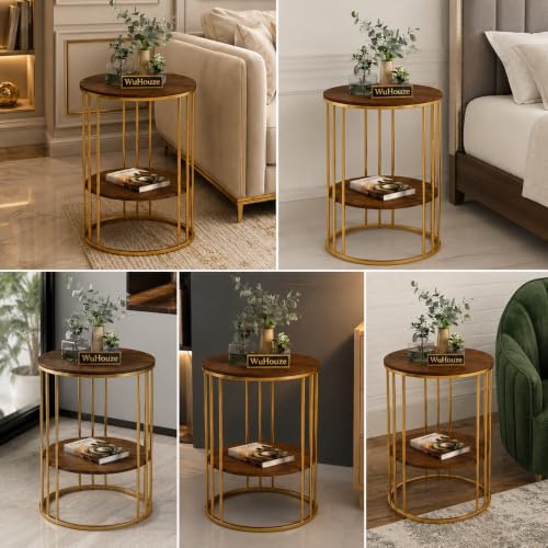 Image of Modern Double-Top Coffee Table with Rustic Farmhouse Accent, Multipurpose Living Room Bedroom, Two-Tier Small Sofa Side Bedside Table with Metal Frame Nightstand (Gold Brown Y)