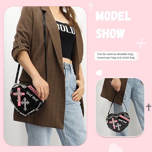 SUKUTU Women Gothic Punk Crossbody Bag Cute Heart Shaped Studded Shoulder Bag Purse4