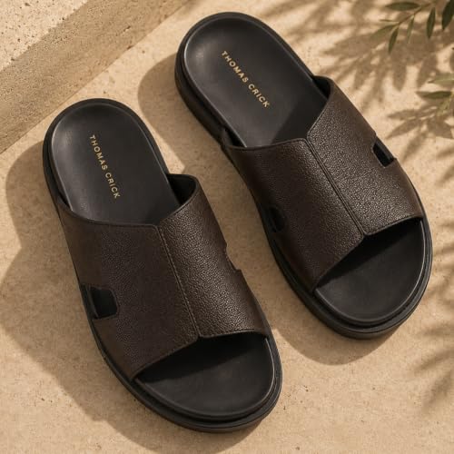 Image of Thomas Crick Men's Dune Genuine Leather Slides | Premium Open Toe Broad-Strap Casual Sandals with Contour TPR Sole, UK Size 6-11