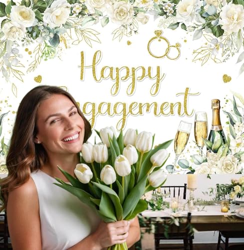 Image of Engagement Banner She Said Yes Fabric 72x44inch Happy Engagement Backdrop Sage Green Leaves Rose Champagne Background Wedding Bride to Be Party Decorations Photo Banner Booth