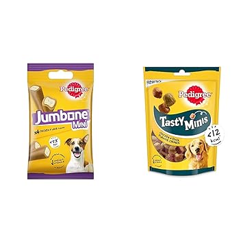 Pedigree Jumbone Mini Adult Dog Treat, Chicken & Lamb - 160 g Pack (4 Treats) & Tasty Minis Cubes Adult Dog Treat, Chicken & Duck Flavour Chunks - 130 g Pack