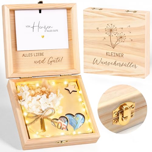 Wunscherfüller Geldgeschenk Verpackung aus Holz - Kleiner Wunscherfüller Geschenkbox mit LED Lichterkette Kreatives Geldgeschenk für Geburtstag Hochzeit Weihnachten Konfirmation Jugendweihe