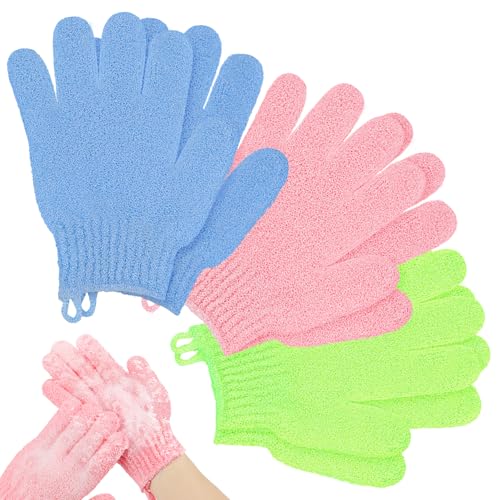 AYBUY Guante Exfoliante Corporal, 3 Pares Guantes Ducha Exfoliantes Doble Cara, Guantes Exfoliantes de Crin Ducha Corporals, Cuerpo Accesorios para ducha, spa, masaje, (Verde & Azul & Rosa)