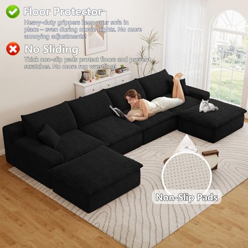 Image of 136 inch Cloud Couch Modular Sectional Sofa for Living Room, U-Shape Boneless Couch with Deep Seat, Modern Corduroy 4-Seater with Ottomans, No Assembly Required, Black