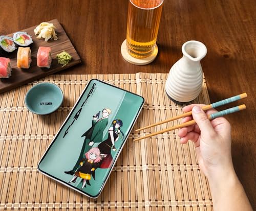 Image of Silver Buffalo Spy X Family Japanese Anime Featuring Anya Forger, Loid (Twilight), and Yor (Thorn Princess) Ceramic Sushi Set with Dipping Sauce Dish and Matching Chopsticks