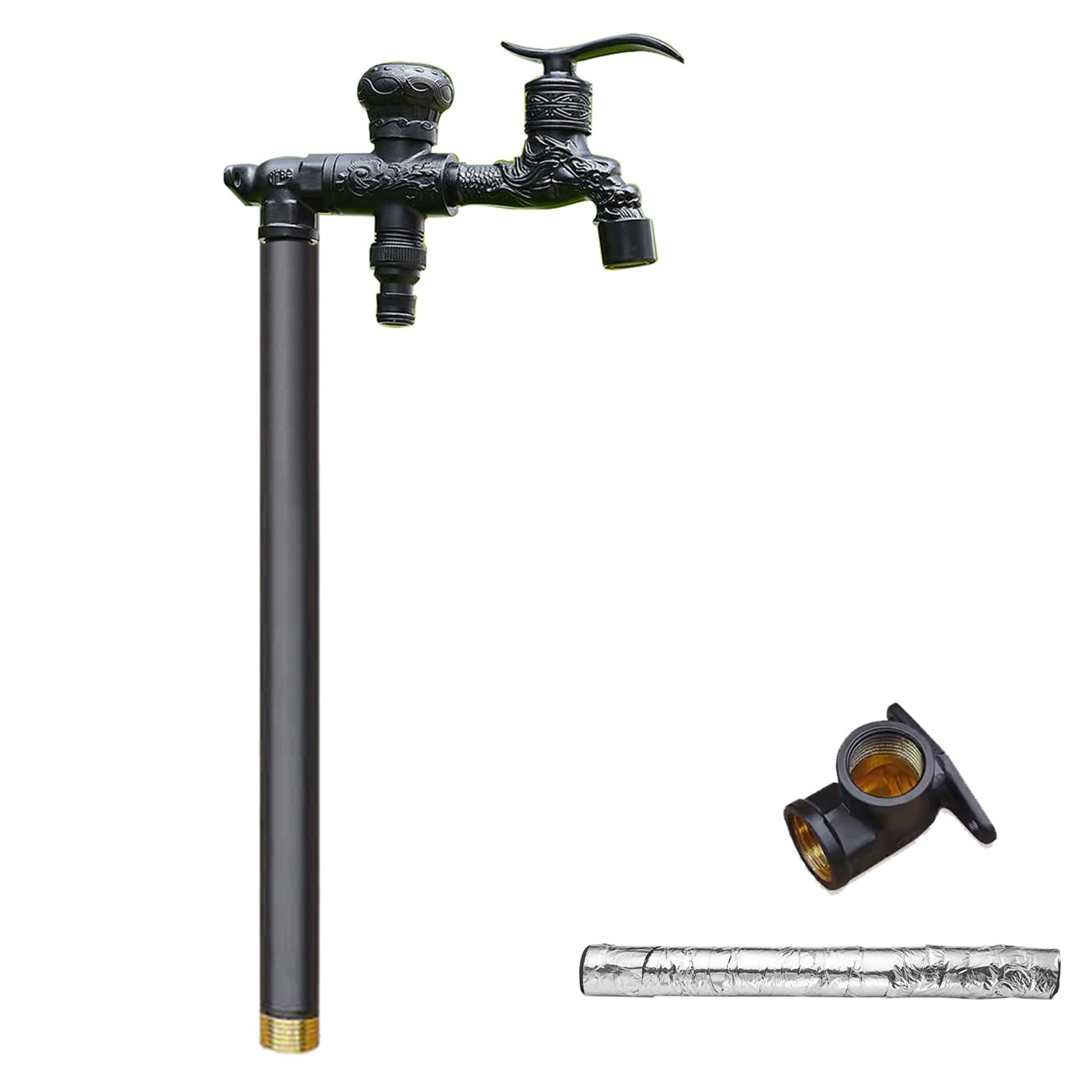Columna de Agua para Jardín Vertical, Columna de Agua para Jardín de Cobre con Grifo de Doble Salida y Algodón Anticongelante(Black,40cm/16in)