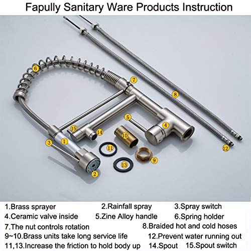 Fapully Contemporary Spring Single Handle Kitchen Sink Faucet with Pull Down Sprayer, Brushed Nickel - Thumbnail 4