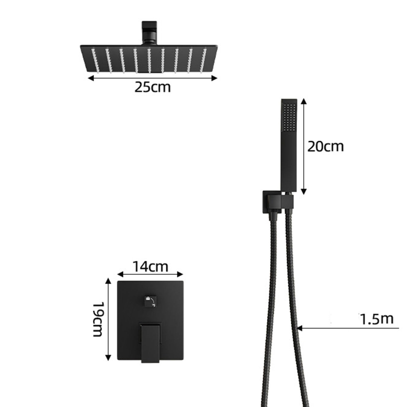 Sistema de Ducha Empotrado con Rociador de Ducha Cuadrado 25 x 25 cm sin Grifo Negro