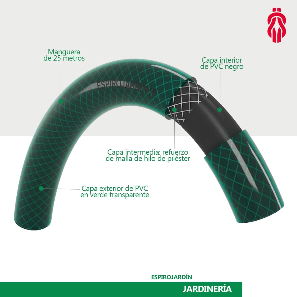 ESPIROFLEX Manguera de Jardín 25 metros de PVC 3/4" para Riegos Domésticos | Manguera de Agua Elástica y Flexible Reforzada con Malla de Poliéster | Modelo Espirojardín