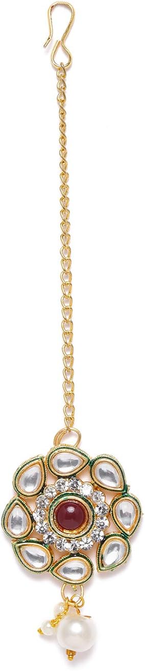 Gold Plated Traditional Vilandi Kundan and Ruby Stone Embellished Floral Design Statement Maang Tika/Maang Tikka for Women and Girls | Wedding Jewellery for Girls Pack of 1