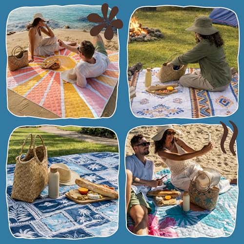 Twinzee 200x200 cm Wodoodporny i odporny na piasek koc piknikowy – zmywalna, składana i przenośna mata plażowa, idealna na plażę, pikniki, grille i kemping - Boho