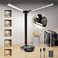 LED Desk Lamps for Home Office, Double Head Touch Desk Lamp with Wireless Charger, Dimmable Desk Light with USB Charging Port, Adjustable Reading Lamp, Eye-Caring Table Lamp with Night Light, 1H Timer
