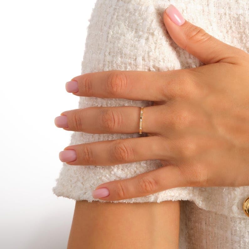 Scatter Diamond Wedding Band 14K Solid Gold 1.5mm, Thin Ten Moissanite Flush Setting Engagement Ring Women, Promising Minimal Stone Ring Her3