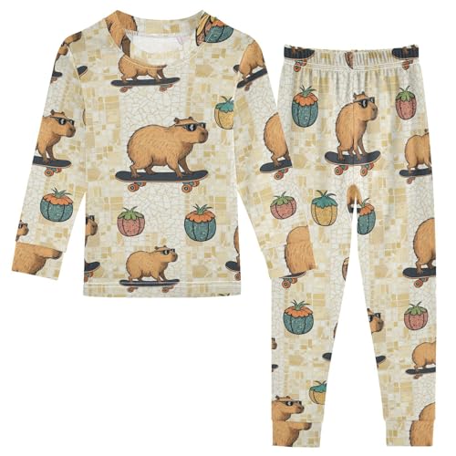 Pajama Sets Long Sleeve Capybara Riding Skateboard Soft Comfy Sleepwear 2 Piece PJS 3-8T