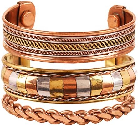 Touchstone Indian Hand Crafted Magnet Copper Bracelet Chakra Jewelry Cuff Gift Women Men. Set of 3
