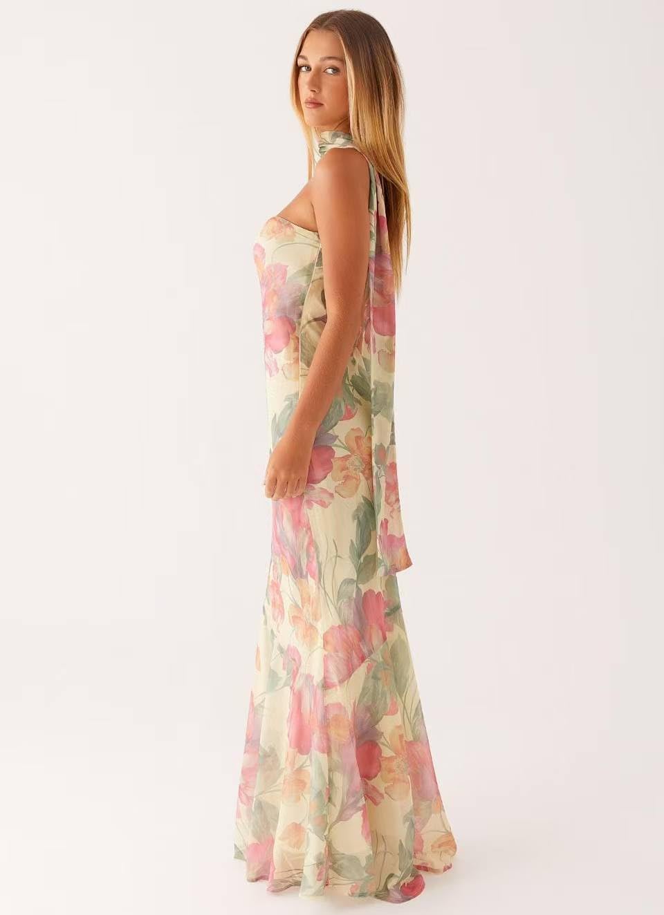 Women's Floral Tube Maxi Dress with Scarf - Y2k Strapless Bodycon Long Dress, Mesh Formal Cocktail Sundress - Image 6