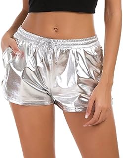 Tandisk Women's Yoga Hot Shorts, Shiny Metallic Pants with Elastic Drawstring, L, Silver
