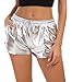 Tandisk Women's Yoga Hot Shorts Shiny Metallic Pants with Elastic Drawstring Silver S
