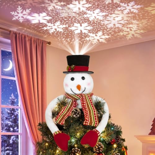 Lewondr Christmas Snowman Tree Topper with Led Snowflake Projector Lights