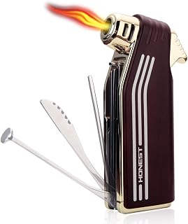 3 in 1 Pipe Lighter Angled Soft Flame Lighter Refillable Lighter with 3 Pipe Cleaner Tools Multifunctional Gas Lighter for Camping Grill Fireplace Candle (Red Brown)