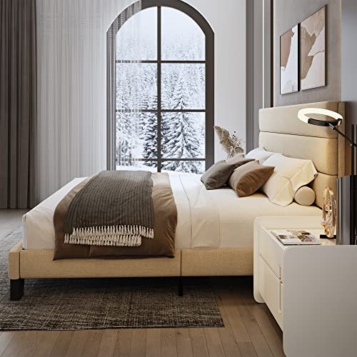 Weeway King Bed Frame Platform Bed With Linen Fabric Upholstered Headboard And Wooden Slats Support, Heavy Duty Mattress Foundation, No Box Spring Needed, Easy Assembly, Beige #TOP3