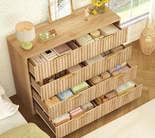 Image of TEENOFN Fluted Dresser for Bedroom with 8 Drawers, 47.2 inch Wide Modern Chest of Drawers with Metal Handle, Dresser TV Stand, Wood Closet Clothes Storage Organizer for Living Room, Hallway, Natural