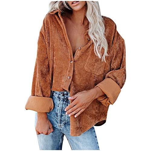 BAIYOSITT Corduroy Jacket Women Fashion Sexy Long Sleeve Shacket Coat Lapel Open Front Tops Blouse Solid Button Shirts Khaki