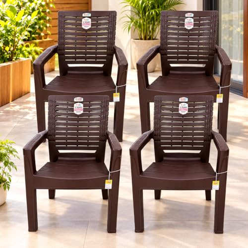 AVRO 9999 Heavy Duty Plastic Chair for Home, Office & Outdoor, Solid Back Support, Comfortable Seating with Arm Rest, Ergonomic and Stackable Design, Pre-Assembled, 150 Kg Capacity, Set of 4, Brown