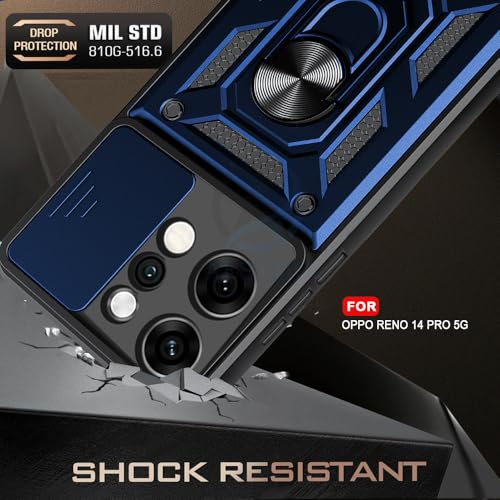 Image of AESTMO Tough Armor Oppo Reno 14 Pro 5G Bumper Back Case Cover | Ring Holder & Sliding Camera Shield Cover | 360 Degree Protection Back Case Cover for Oppo Reno 14 Pro 5G (Blue)