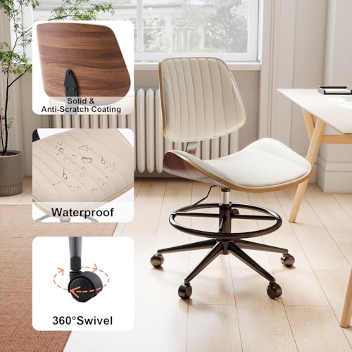 Image of Drafting Chair, Ergonomic Office Chair with Walnut Wood Back Support, Armless PU Leather Desk Chair with Height-Adjustable, Thick Cushion for Home, Bar, Drafting, Office (Beige)